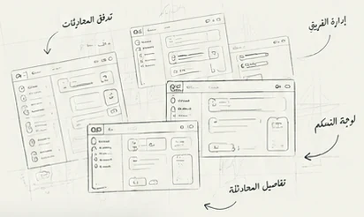 سكتشات بالقلم لأربع شاشات: تدفق المحادثات، إدارة الفريق، لوحة التحكم، وتفاصيل المحادثة